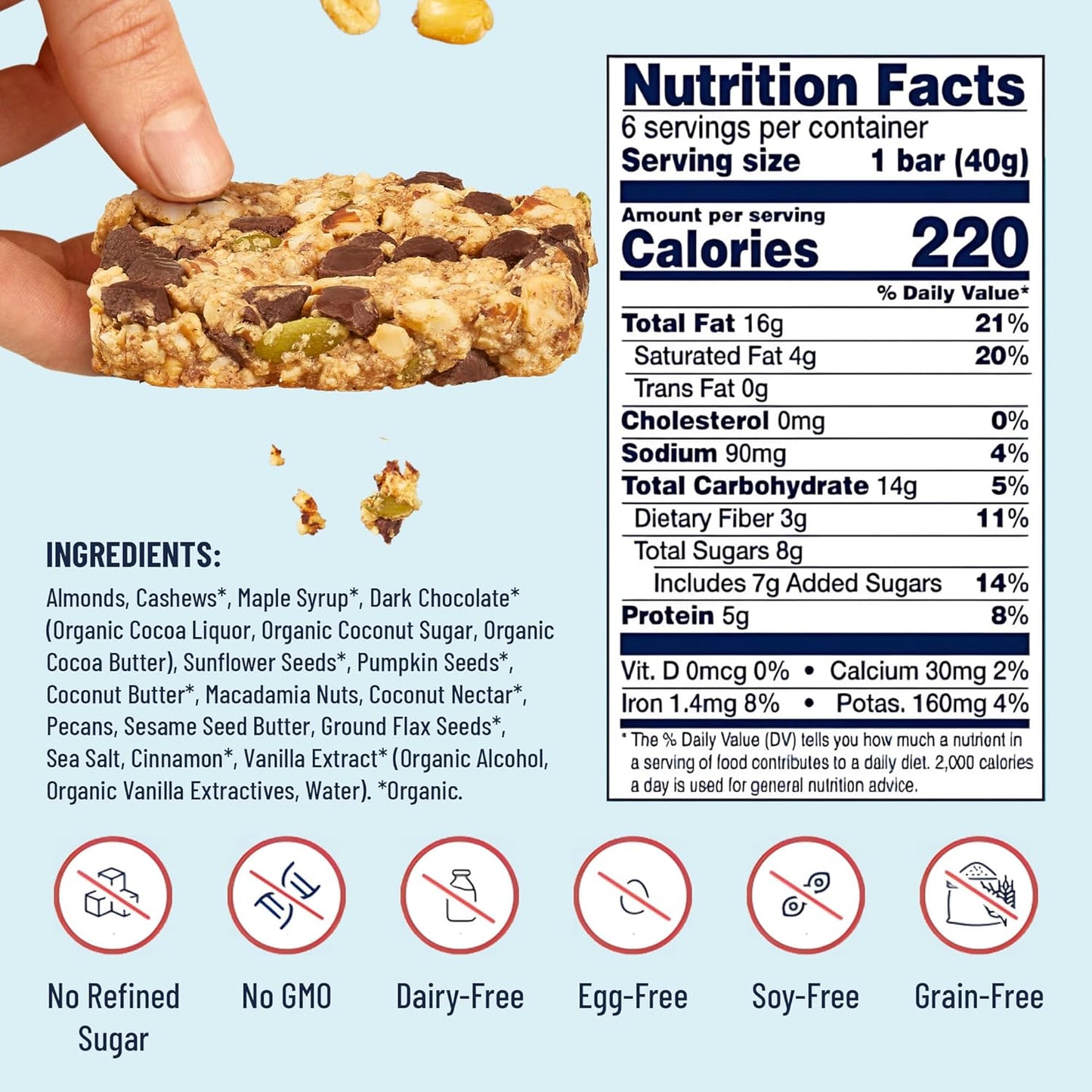 The YES Bar – Dark Chocolate Chip – Plant Based Protein, Decadent Snack Bar – Vegan, Paleo, Gluten Free, Dairy Free, Low Sugar, Healthy Snack, Breakfast, Low Carb, Keto Friendly (Pack of 6)