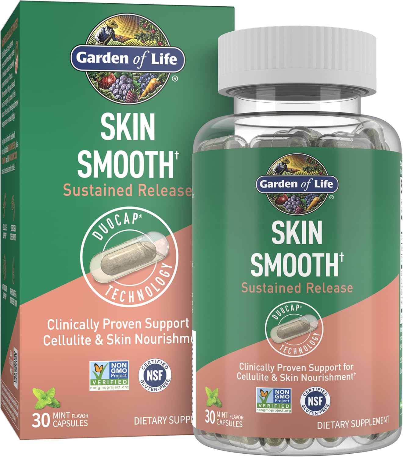 Garden of Life Skin Smooth Sustained Release Duo Caps, Best Skincare Supplement for Smooth, Radiant Skin with Hyaluronic Acid, Vitamins A & C, and SOD B Dimpless, Gluten-Free, 30 Plant-Based Capsules