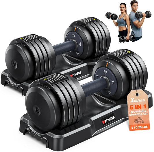XDDIAS Adjustable Dumbbell Set of 2-25LB/55LB Set-1Sec Adjustable Dumbbell Weights-5 in 1 Free Weights Dumbbells Set with Effortless Tray/No-Slip Handle-Compact Size for Women/Men at Home Gym