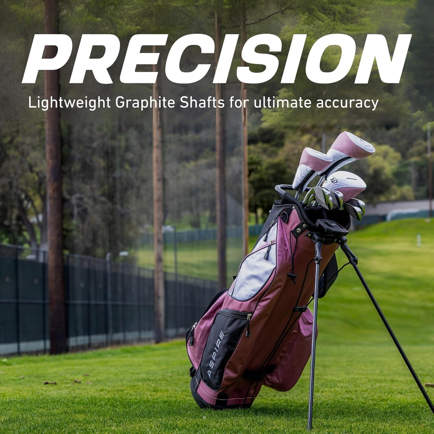 Aspire XD1 Womens Golf Clubs Full Set, Includes Driver, Fairway, Hybrid, 6-PW Irons, Putter, Stand Bag, 3 H/C's, Ultra-Light Graphite Shafts, Golf Clubs Women Right Handed, Comes in 3 Sizes, Pink