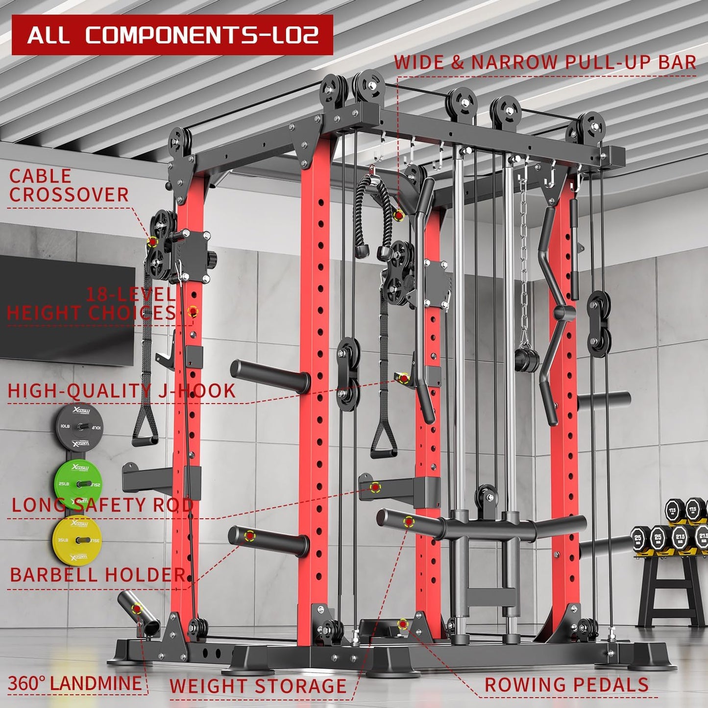 Power Cage Multi-Function Power Rack with Cable Crossover System,1800 LBS Capacity Squat Rack with Weight Bench,for Home Gym