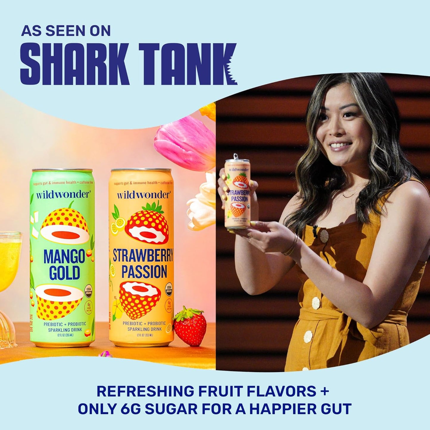 wildwonder Sparkling Probiotic Drink 12pk, For Gut Health & Immune Support, Strawberry Passion, 5g Prebiotic Fiber, Live Probiotics, Organic, Vegan, Low Sugar, 12 Pack, 12oz Can, As Seen on Shark Tank