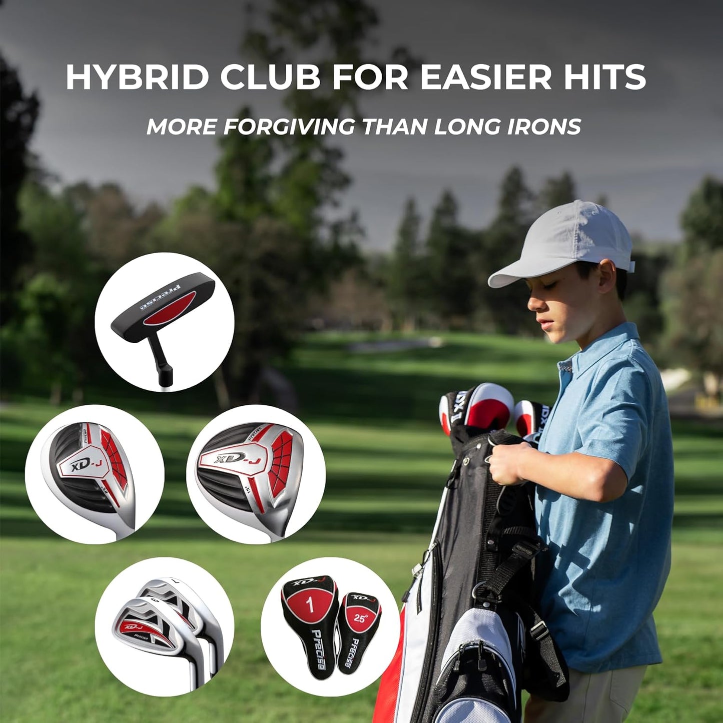 Precise XD-J Junior Golf Clubs Set – Right & Left Hand Options – Kids Golf Clubs for Ages 3-5, 6-8, 9-12 – Lightweight Graphite Shafts, Hybrid Club, Stand Bag – Boys & Girls Golf Set