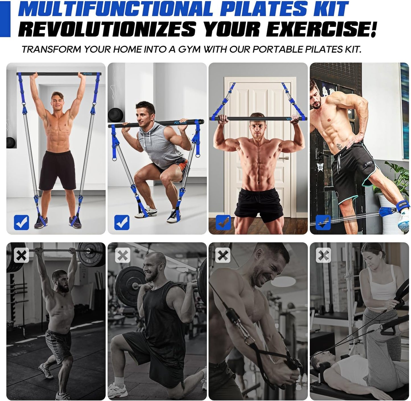 Pilates Bar Kit with Resistance Bands, Heavy Duty Pilates Equipment for Men, Strength Training Bar for Legs, Hip, Back, Arm, Abs, Chest, Shoulders, Portable Home Gym Full Body Workout Equipment