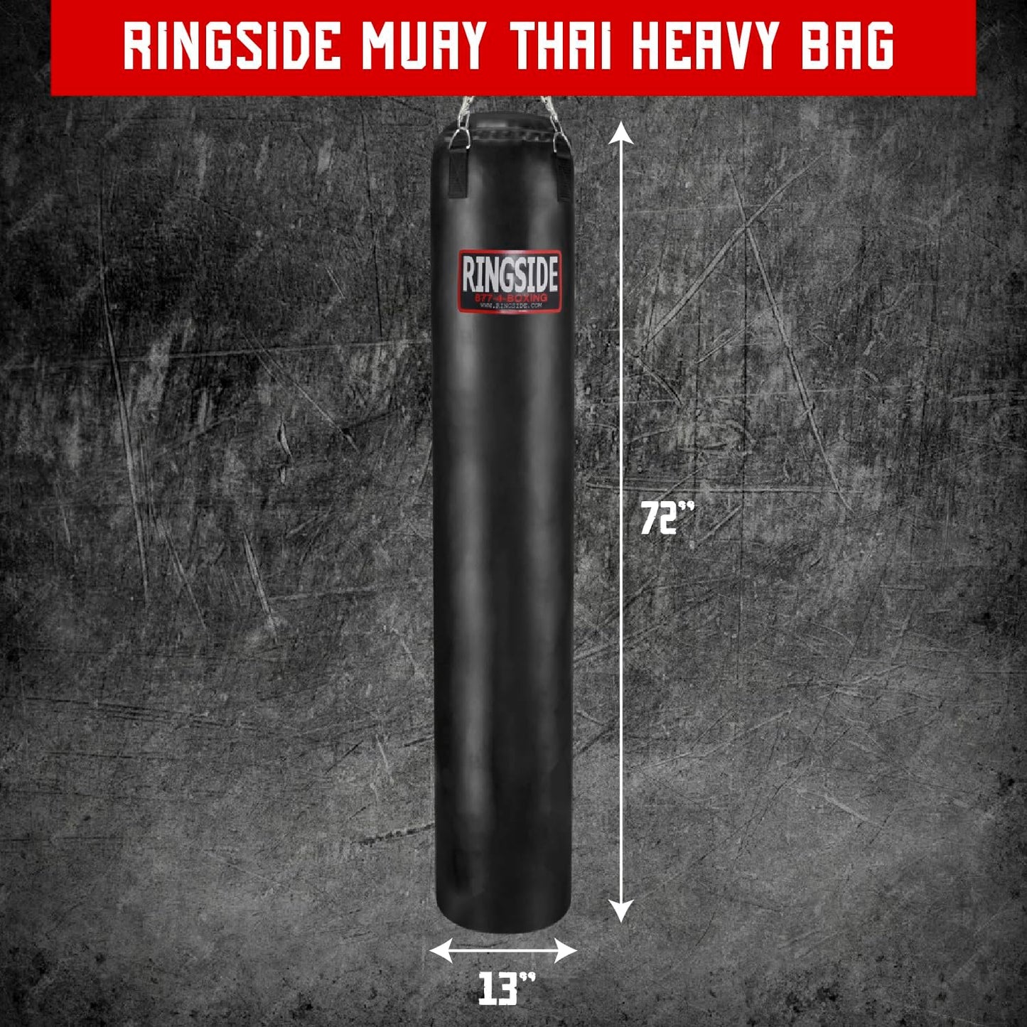 Ringside 100-Pound Muay Thai Heavy Bag, Sturdy Powerhide Punching Bag for Boxing, MMA, Muay Thai, and Kickboxing Training and Workout, Includes Chain and Swivel, Black, 72" H x 13" Dia.