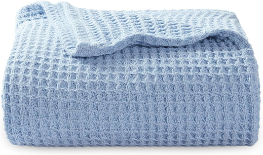Bedsure 100% Cotton Large Throw Blanket for Couch 50x70 inches - Breathable and Soft, Waffle Weave Throw Blanket for Office, Sky Blue