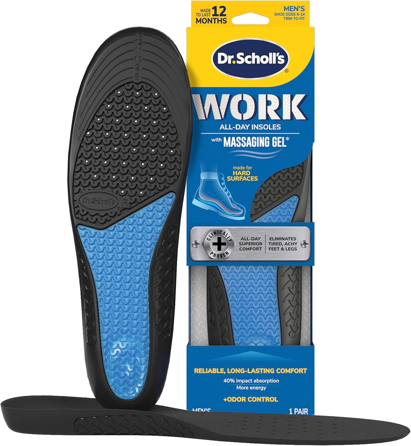 Dr. Scholl's Work All-Day Superior Comfort Insoles with Massaging Gel - Designed for Men & Women with Hard-Working Feet, Eliminates Sore Muscles and Tired Legs, Arch Support Inserts with Odor Control