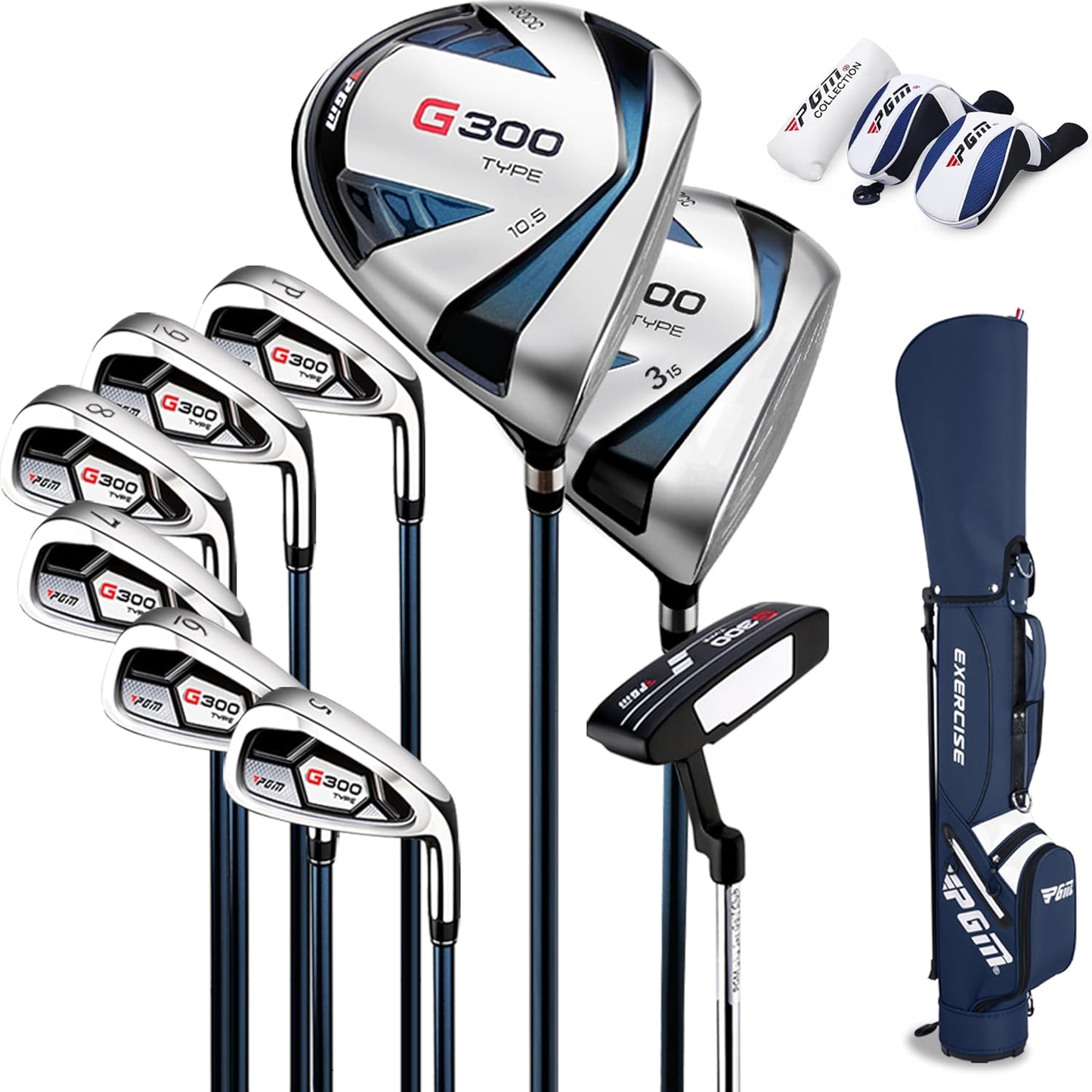 PGM Men's G Type Complete Golf Club Set - Titanium #1 Driver, Draw-Biased Hybrid, High-Strength Iron Set, High Forgiveness Putter, with Stand Bag