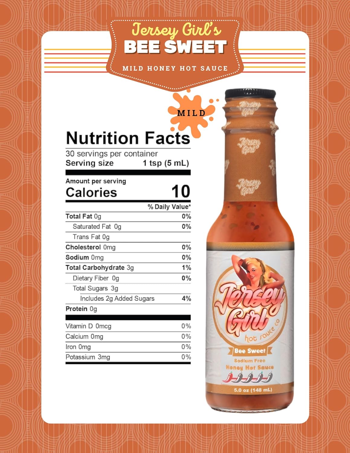 Jersey Girl Bee Sweet (New Mild Heat) Hot Sauce | Gluten-Free, Sodium-Free | 5oz Healthy, No Added Salt