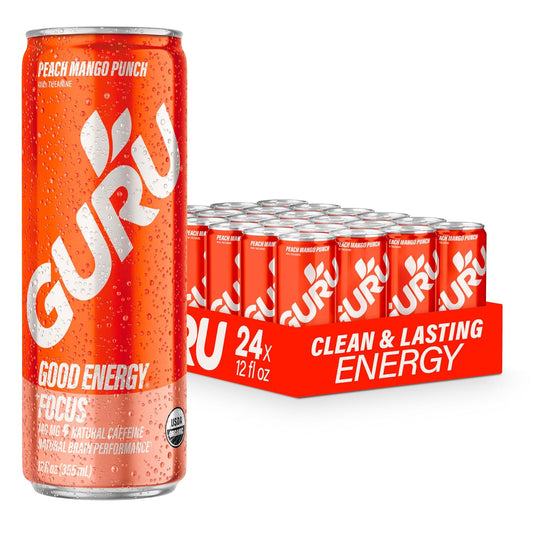 GURU Peach Mango Punch Organic Energy Drinks, Clean Energy Drink with Plant Based Natural Caffeine from Green Tea + Focus with L Theanine, Gluten Free and Vegan, 140MG Caffeine, 12oz (Pack of 24)