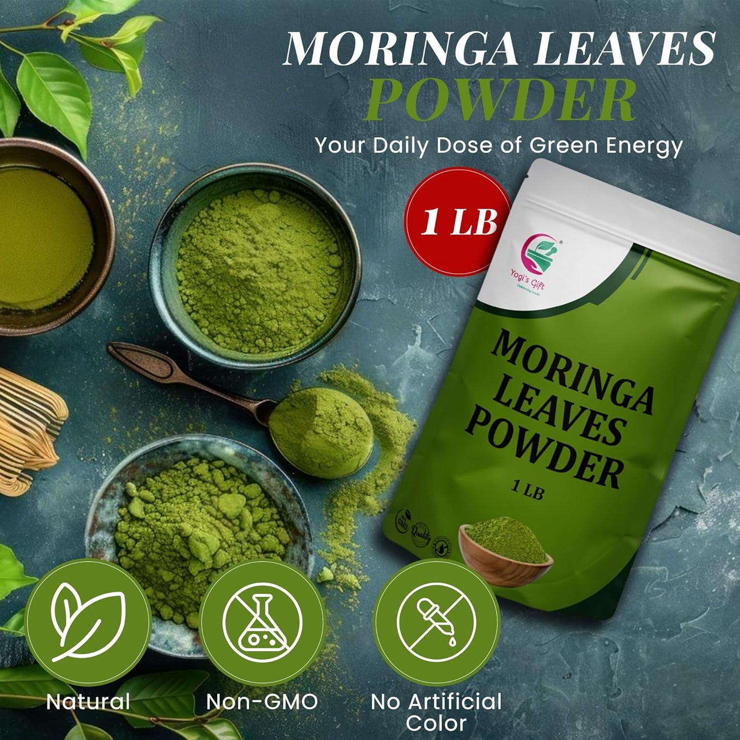 Moringa Powder 1 LB, 100% Pure & Natural Moringa Leaf Powder, Premium Quality for Smoothies & Tea, Resealable Bag for Freshness - By Yogi’s Gift®