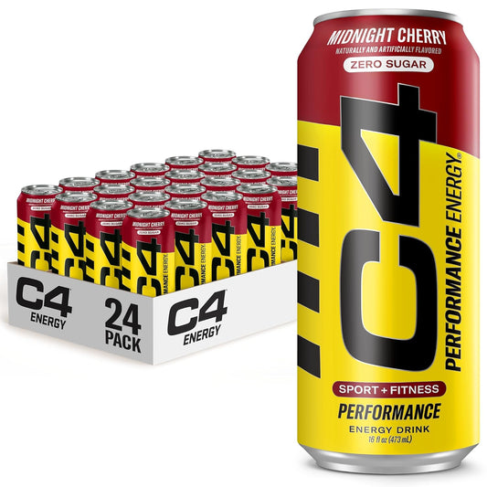C4 Energy Carbonated Zero Sugar Energy Drink, Pre Workout Drink + Beta Alanine, Midnight Cherry, 16 Fl Oz (Pack of 24)