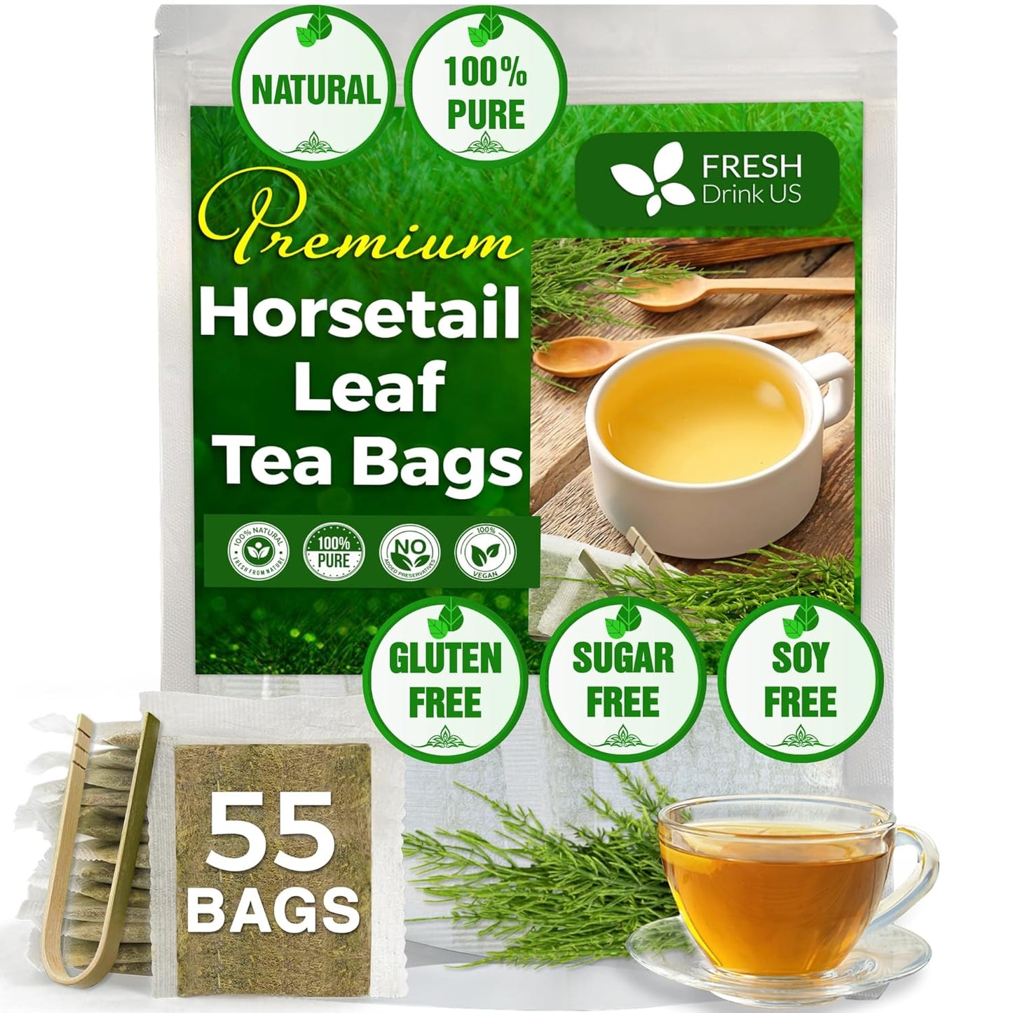 FreshDrinkUS, Premium 55 Horsetail Leaf Tea Bags, 100% Natural & Pure from Horsetail Loose Leaves Herbal Tea. Made with Natural Material Tea Bags. No Sugar, No Caffeine, No Gluten, Vegan.