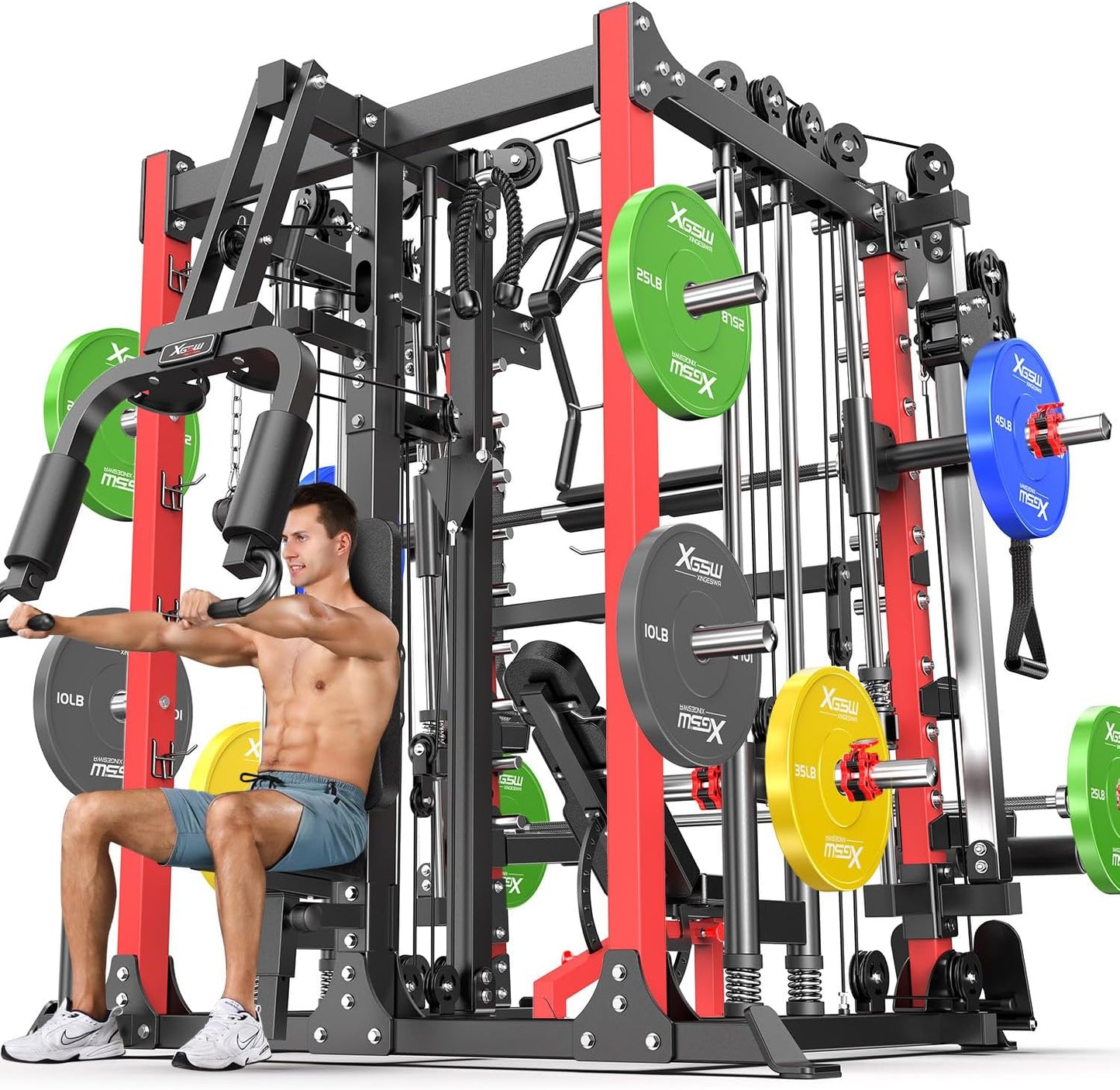 Smith Machine Power Rack Multifunctional Power Cage Deep Squat Rack Cable Crossover System Selectable More Training Attachment for Garage & Home Gym