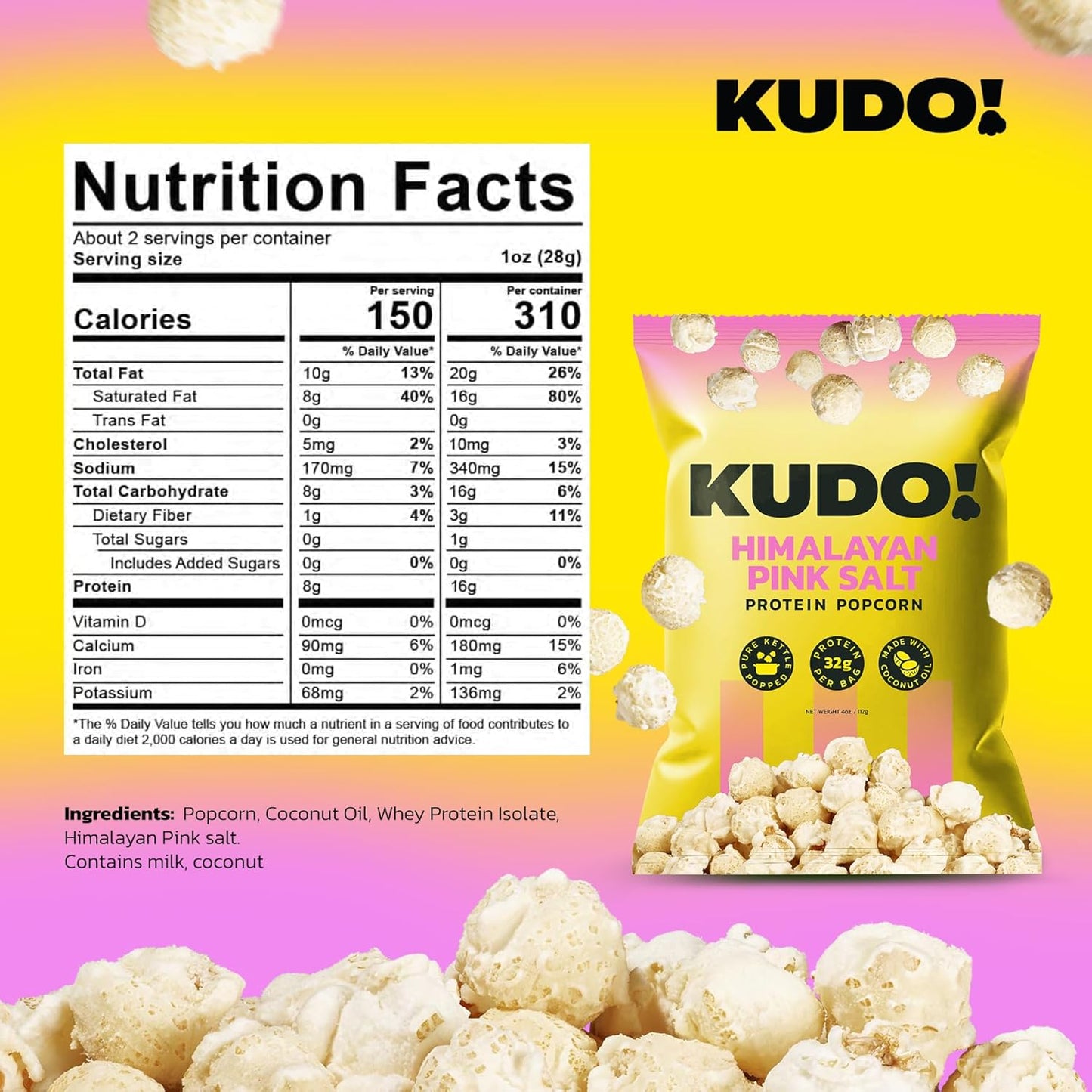 Kudo - Himalayan Pink Salt Kettle-Popped Protein Popcorn - Whole Grain, No Seed Oils, Gourmet Mushroom Kernel, Tasty Snack, Classic Flavor - 4oz