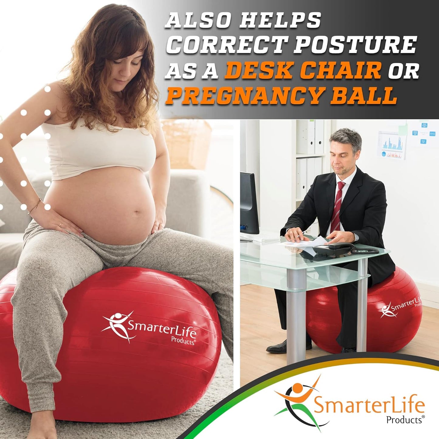 SmarterLife Exercise Ball Yoga Ball for Fitness, Balance, Stability, or Pregnancy, Gym Ball for Core Workout, Physical Therapy, Yoga Ball Chair for Office, Anti-Slip Anti-Burst