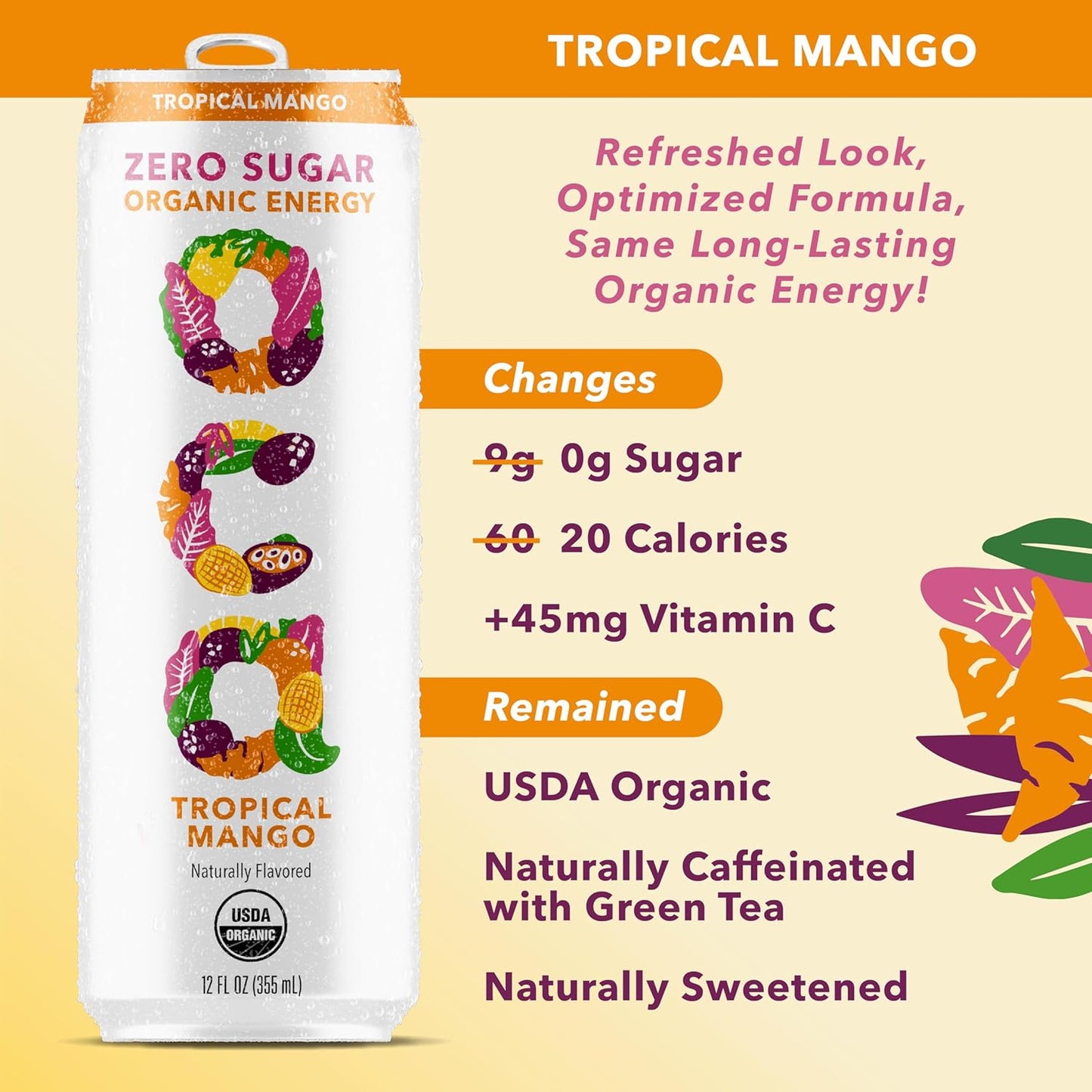 OCA ZERO Tropical Mango, Organic energy drink, zero sugar, gluten-free, vegan plant-based, 12 Fl Oz (12-pack)