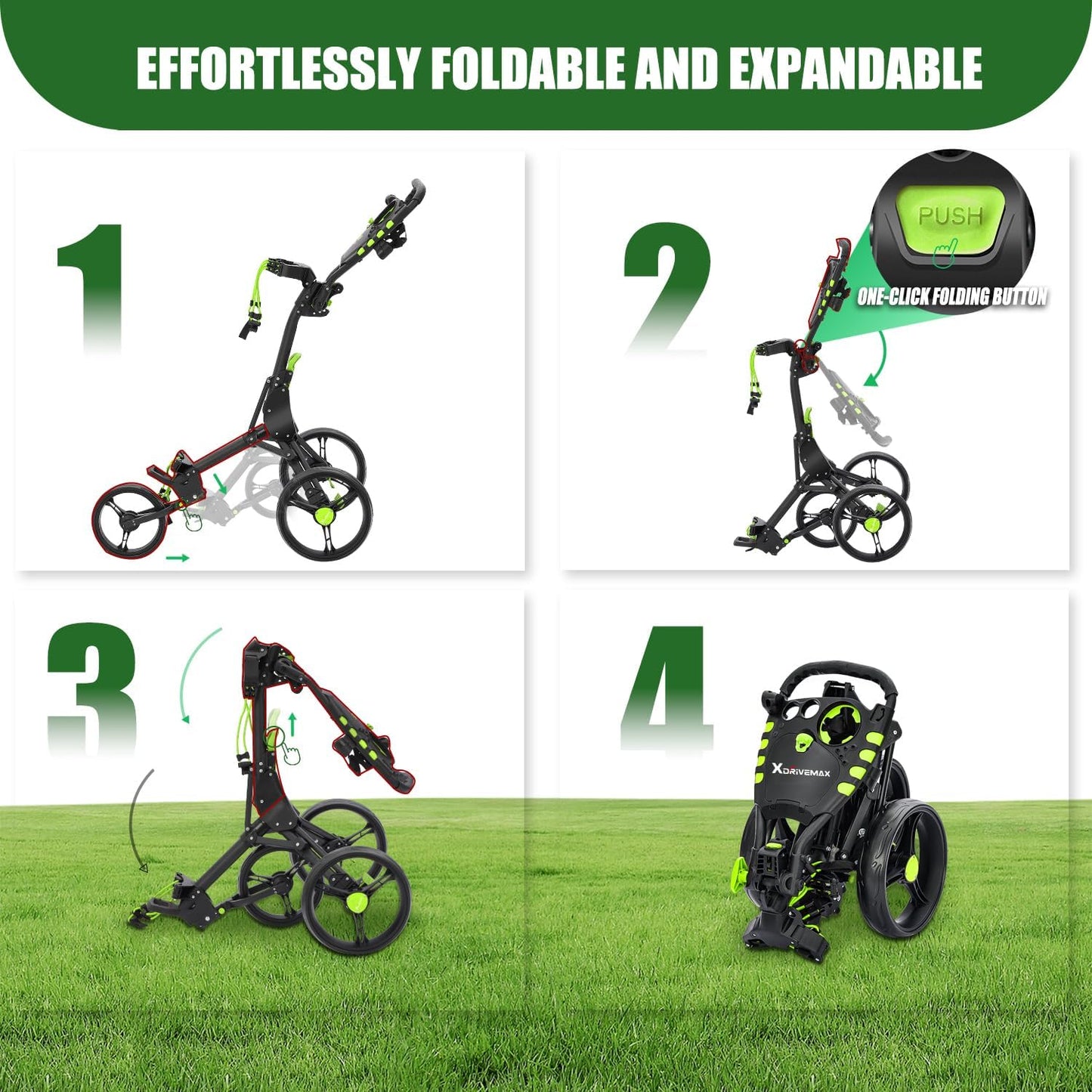 Golf Push Cart Series: 2-Wheel, 3-Wheel, 4-Wheel & 360° Swivel Front Wheel