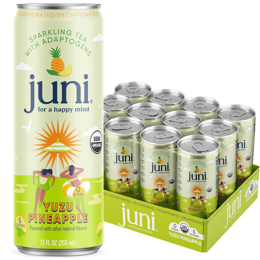 Juni Sparkling Adaptogen Drink with Ashwagandha, Lion’s Mane & Reishi Mushrooms | Green Tea for Focus, Zero Sugar, 5 Calories | Decaffeinated, Non Alcoholic Drinks - Yuzu Pineapple 12 pack