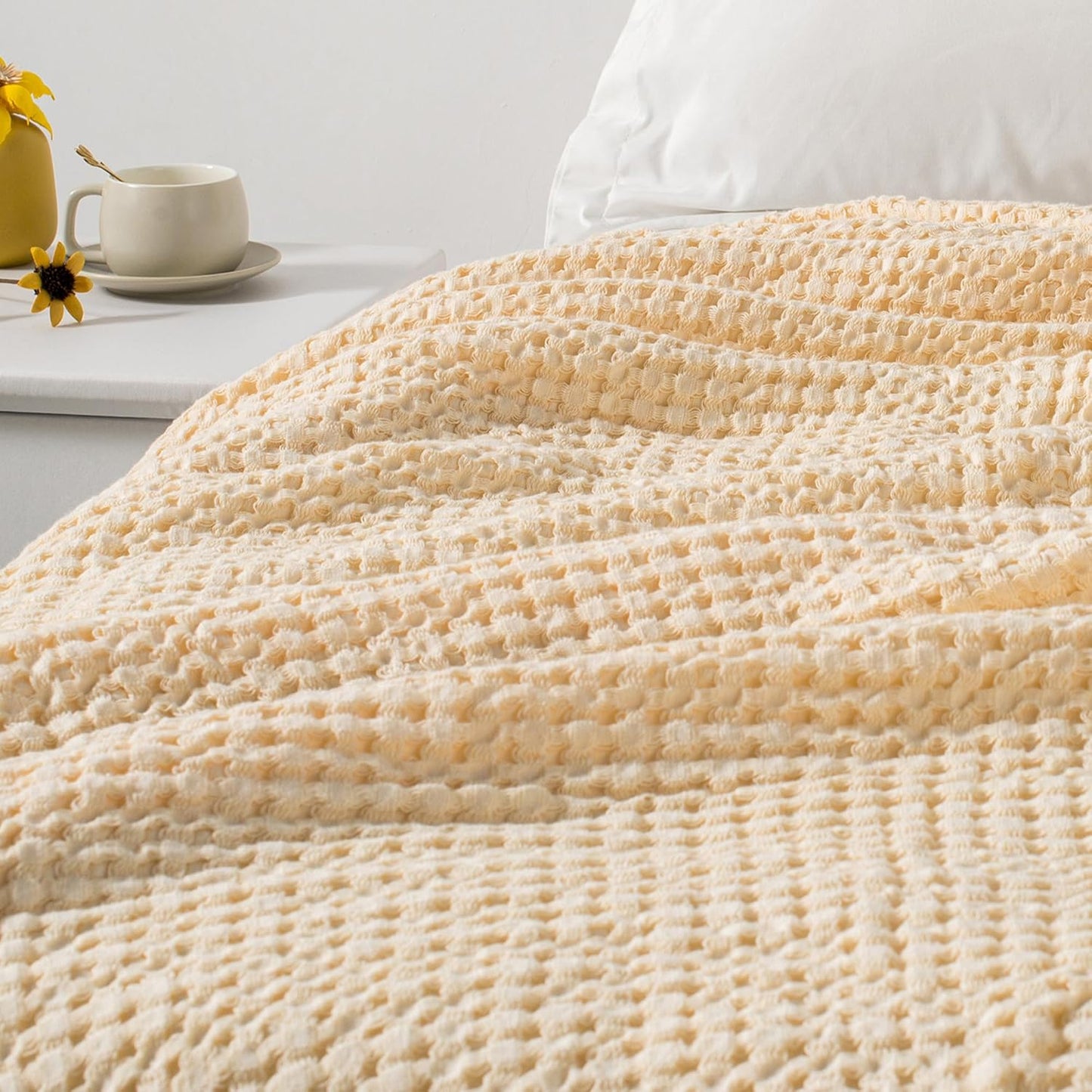 Carriediosa 100% Cotton Waffle Weave Blanket 400GSM Breathable Thermal Blankets for Bed Couch Sofa Soft and Cozy Throws for All Season Home Decor, 50"X 60" Light Yellow