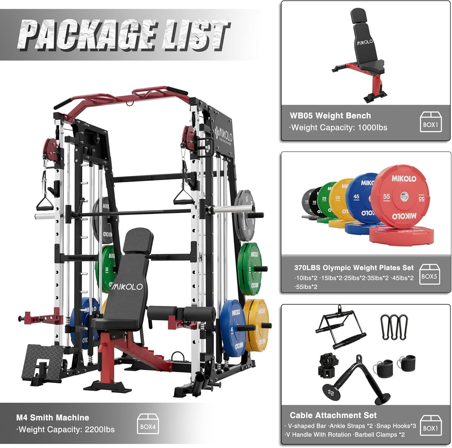Mikolo Smith Machine, 2200lbs Squat Rack with LAT-Pull Down System & Cable Crossover Machine, Training Equipment with Leg Hold-Down Attachment