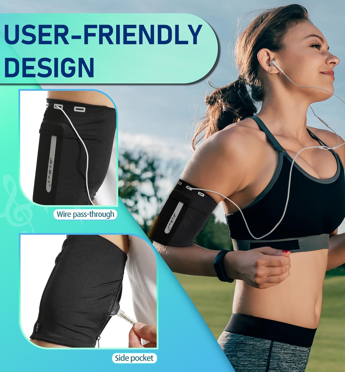 HiRui Running Armband Sleeve Universal Sports Armband Cell Phone Holder Armband for Exercise Workout, Compatible with iPhone 16/15/14/13/Plus/Pro Samsung Galaxy All Phones (L, Black)