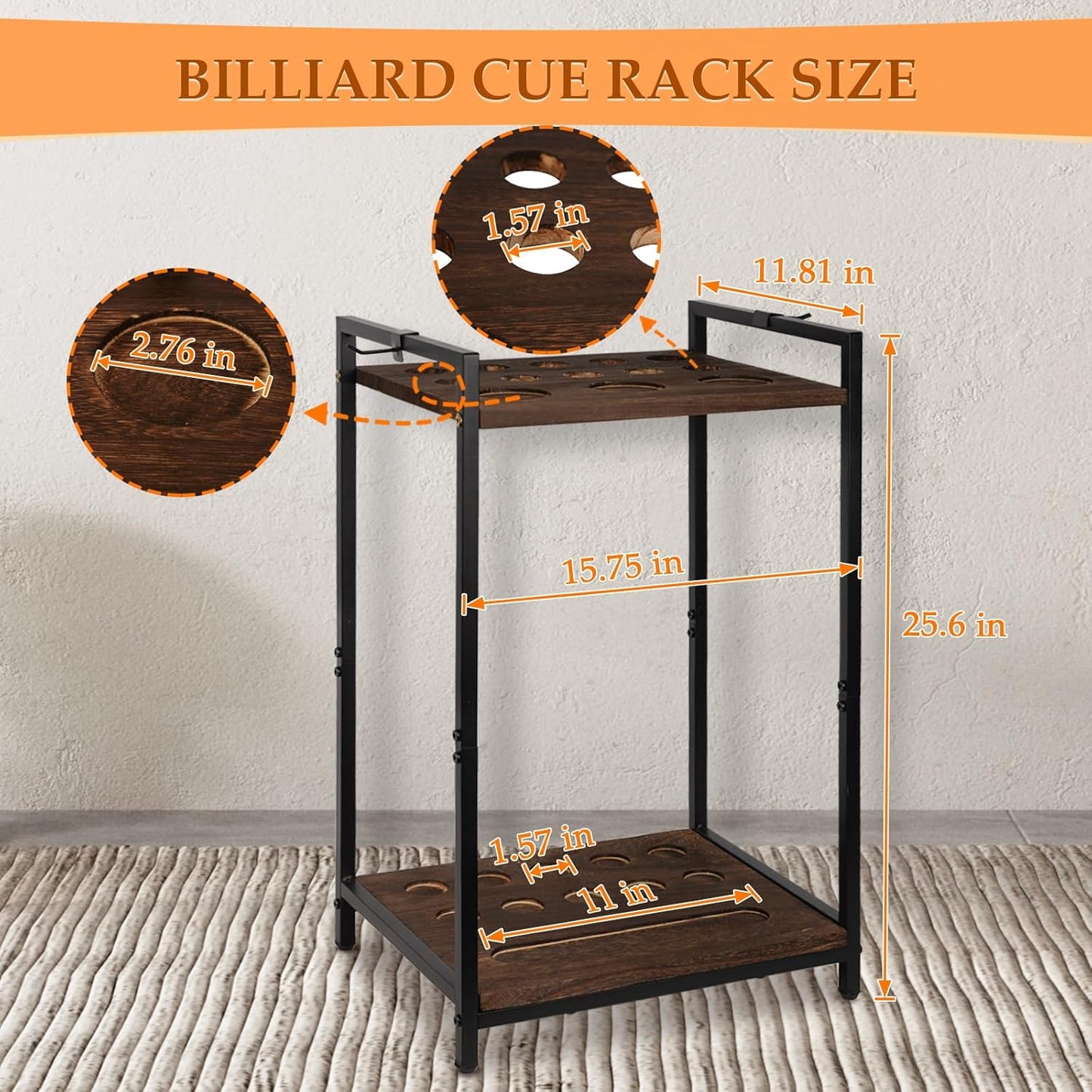 Pool Stick Holder Pool Cue Holder Rack Cue Stick Holder 10 Cues Billiard Cue Racks for Billiard Room Club Pool Table Accessaries (Torched Black 10-Hole)