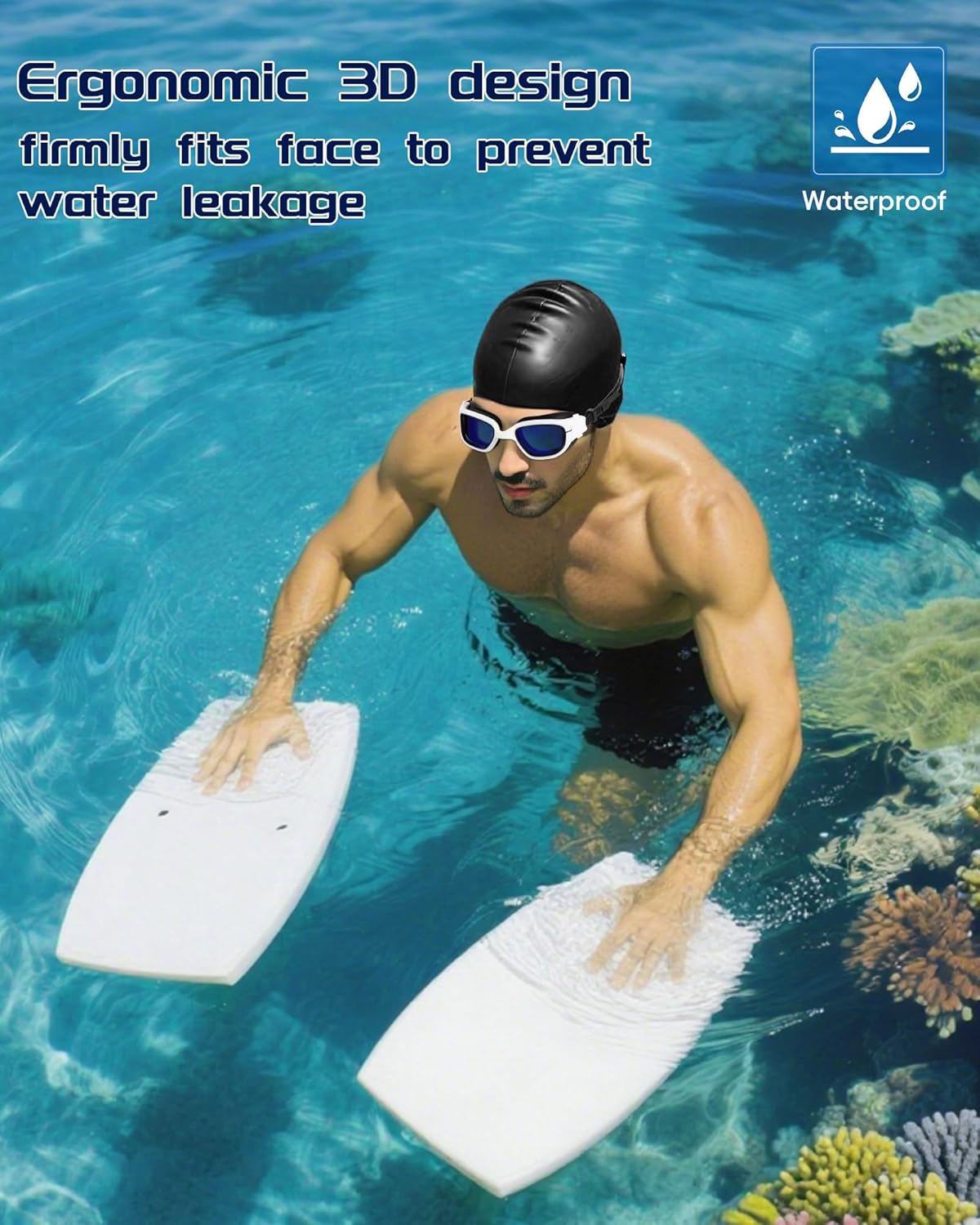 Swim Goggles, Goggles Adult with Swimming Cap, Nose Clip & Ear Plugs, UV Protection Anti-Fog Lens and Case for Adult