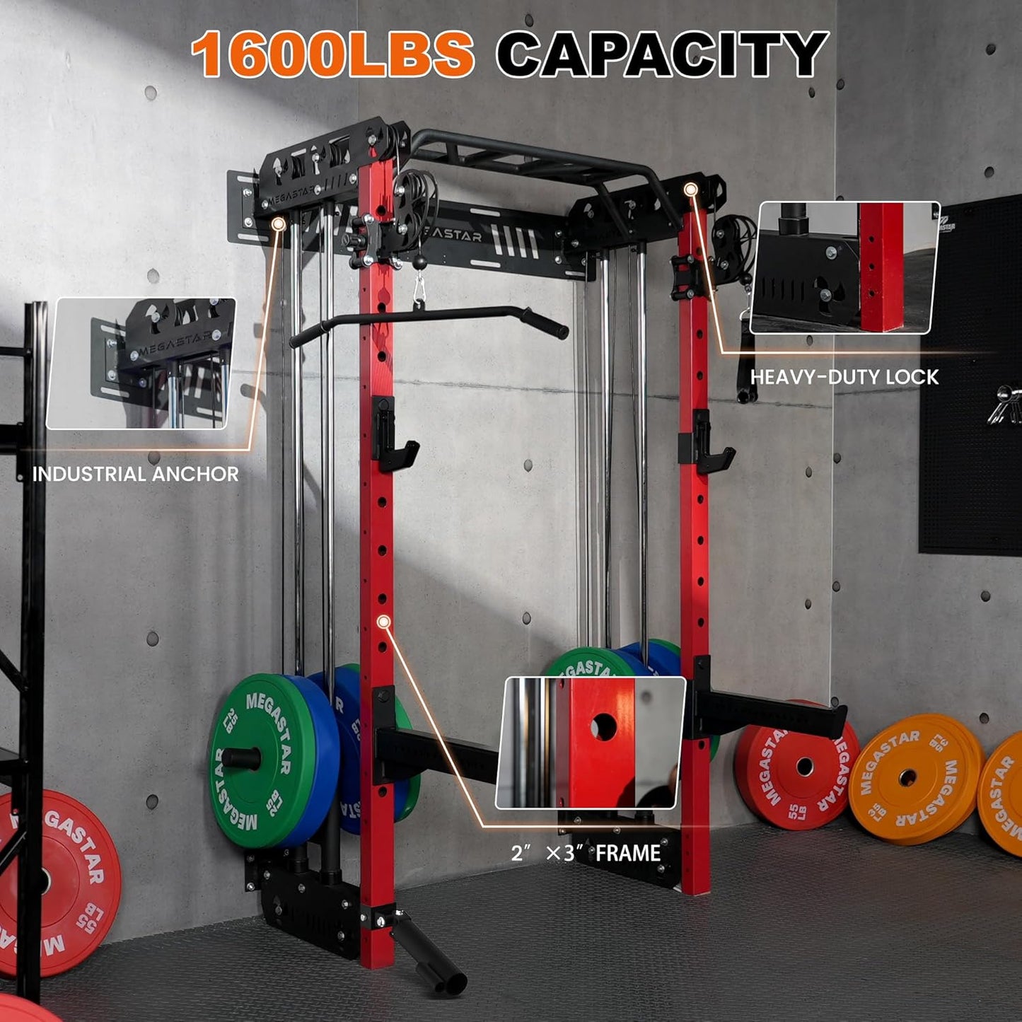 Wall Mounted Power Rack – 1600LB Capacity Compact Commercial Home Gym with Dual Cable Crossover, LAT Pulldown, Multi-Grip Pull-Up Bar & Landmine Attachment for Small Spaces, P67 Striker Red