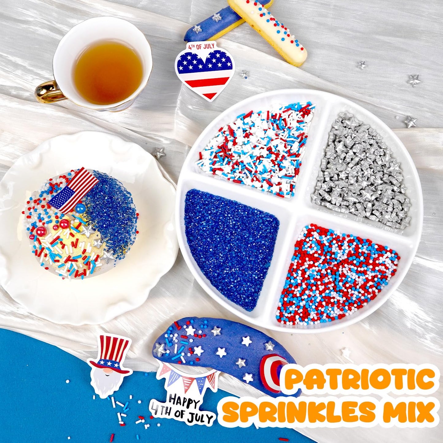 4th of July Sprinkles, Patriotic Sprinkle, Red White and Blue Sprinkles for Cupcakes Cake Decorating, Silver Star Mix, 160g/5.64oz, Cake Decorations, Baking Ice Cream Toppings