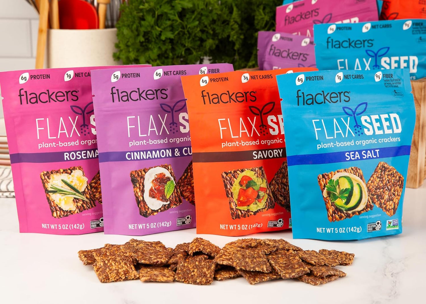 Flackers Organic Flax Seed Crackers Variety Pack, Sea Salt, Rosemary, Savory and Cinnamon, Gluten Free, Non-GMO, Vegan, Low Carb snacking, Pack of 4
