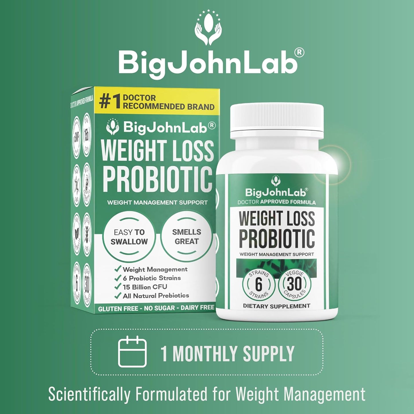 BIGJOHNLAB® - Probiotics for Weight Management & Bloating - 6 Probiotic Strains - Prebiotics - Key Ingredient Cayenne & Green Tea - Supports Gut Health - Weight Management for Women & Men - 30 CT