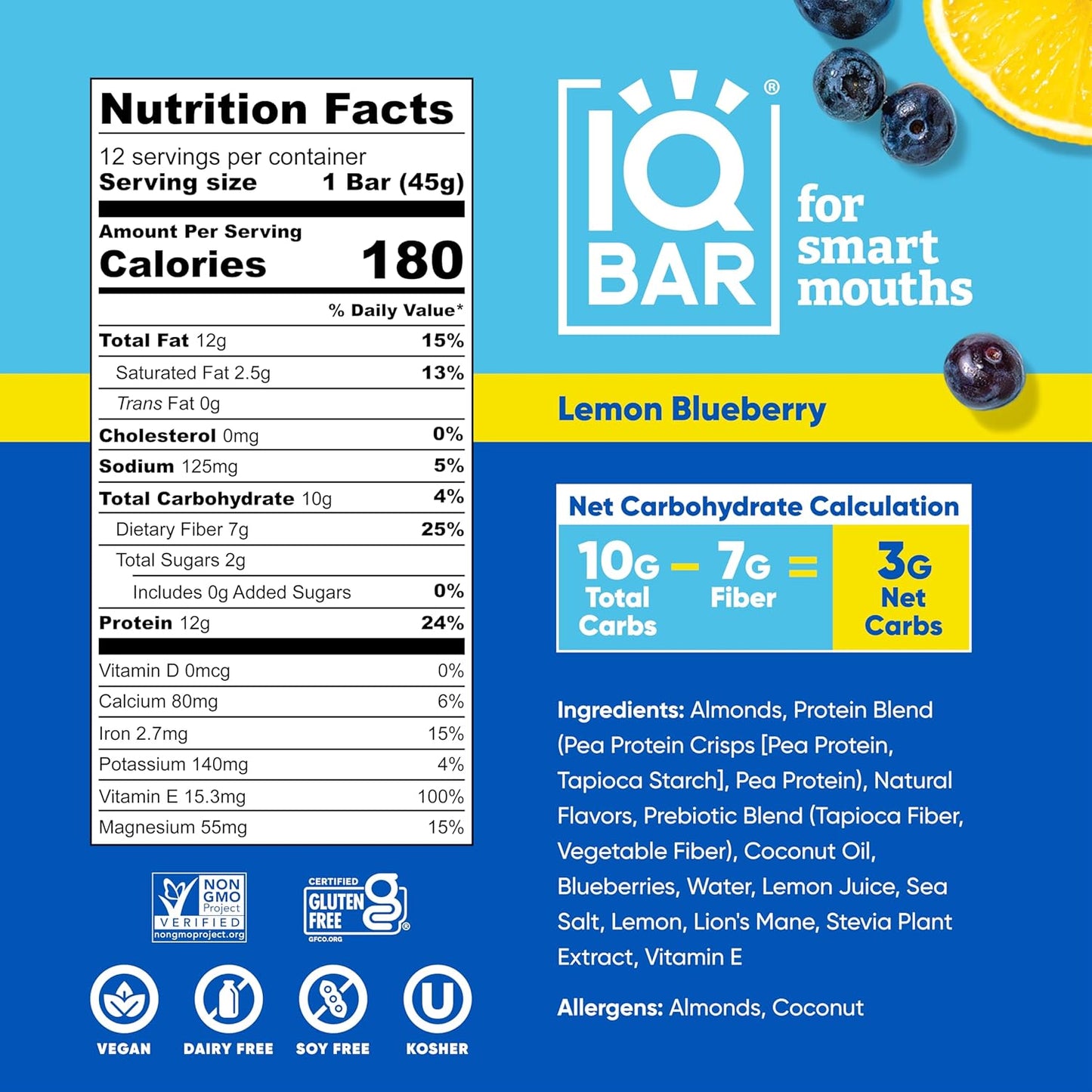 IQBAR Brain and Body Plant Protein Bars - Lemon Blueberry - 36-Count Low Carb - Gluten Free, High Fiber, Vegan Snacks - Low Sugar Meal Replacement