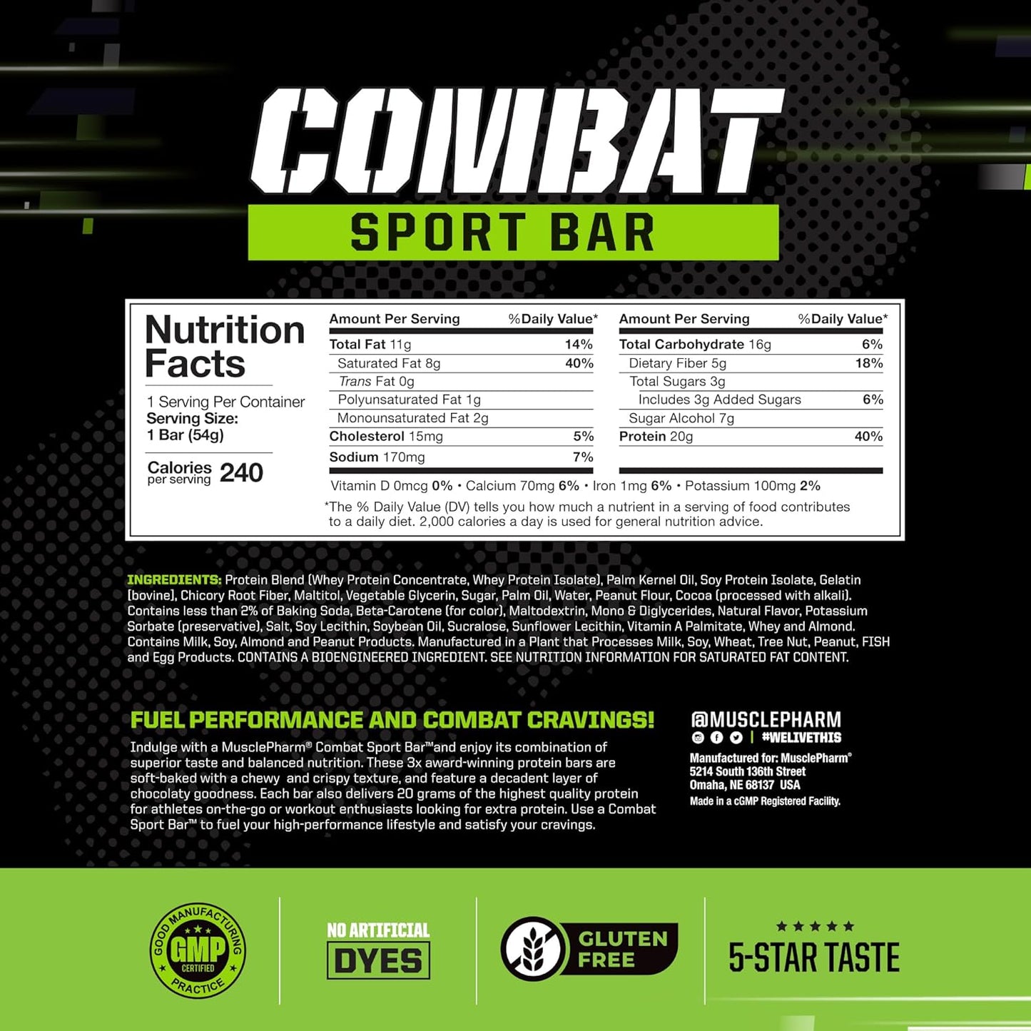 MusclePharm Combat Sport Bar, Chocolate Peanut Butter Cup, High Protein Bars, Combat Cravings, Fuel Performance & Meet Energy Demands, 20g Protein from Whey Protein, 5g Fiber, Gluten Free, 12 Bars