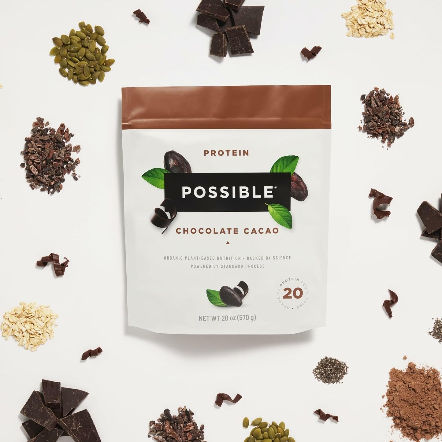 Possible Protein Powder Chocolate Cacao - 20g of Vegan, Plant-Based Protein Mix - Non-GMO, Non-Dairy, Gluten-Free - 3.5g of BCAAs - 9 Essential Amino Acids - 15-Day Supply - 1 Bag, 15 Servings