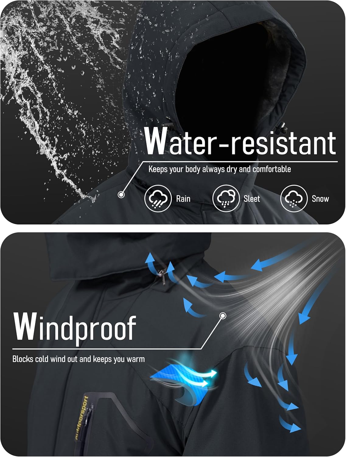 MAGCOMSEN Men's Winter Coats Water Resistant Ski Snow Jacket Warm Fleece Jacket Parka Raincoats With Multi-Pockets