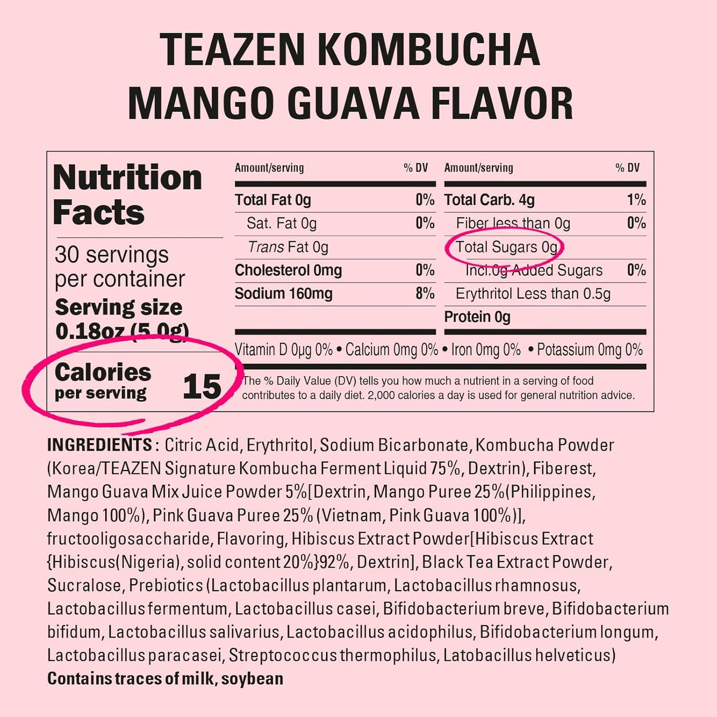 TEAZEN Mango Guava Kombucha Tea, Hydration Drink Mix, Sugar Free, Live Probiotics & Prebiotics, 30 Sticks, 5.29oz
