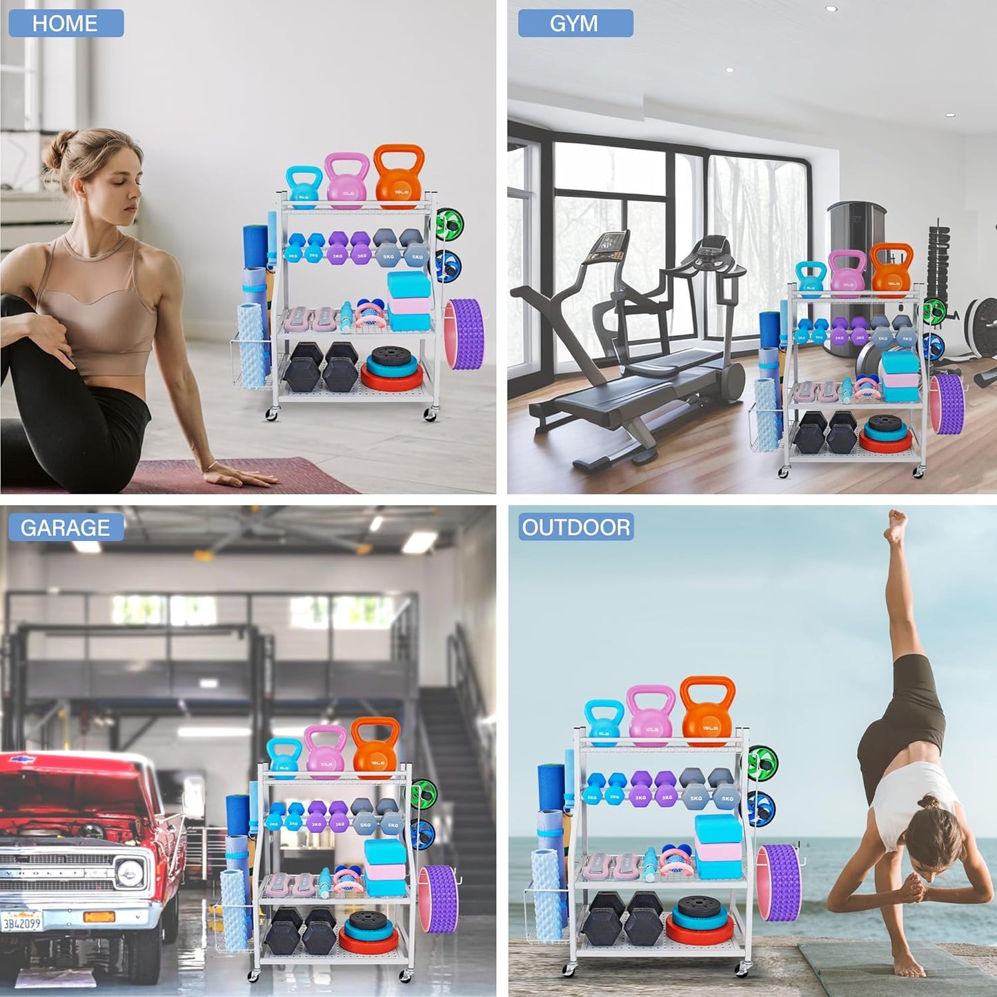 Dumbbell Rack, Yoga Mat Storage Rack - Weight Rack for Dumbbells, Home Gym Storage Rack for Yoga Mat, Dumbbells and Kettlebells, All in One Workout Equipment Storage with Caster Wheels