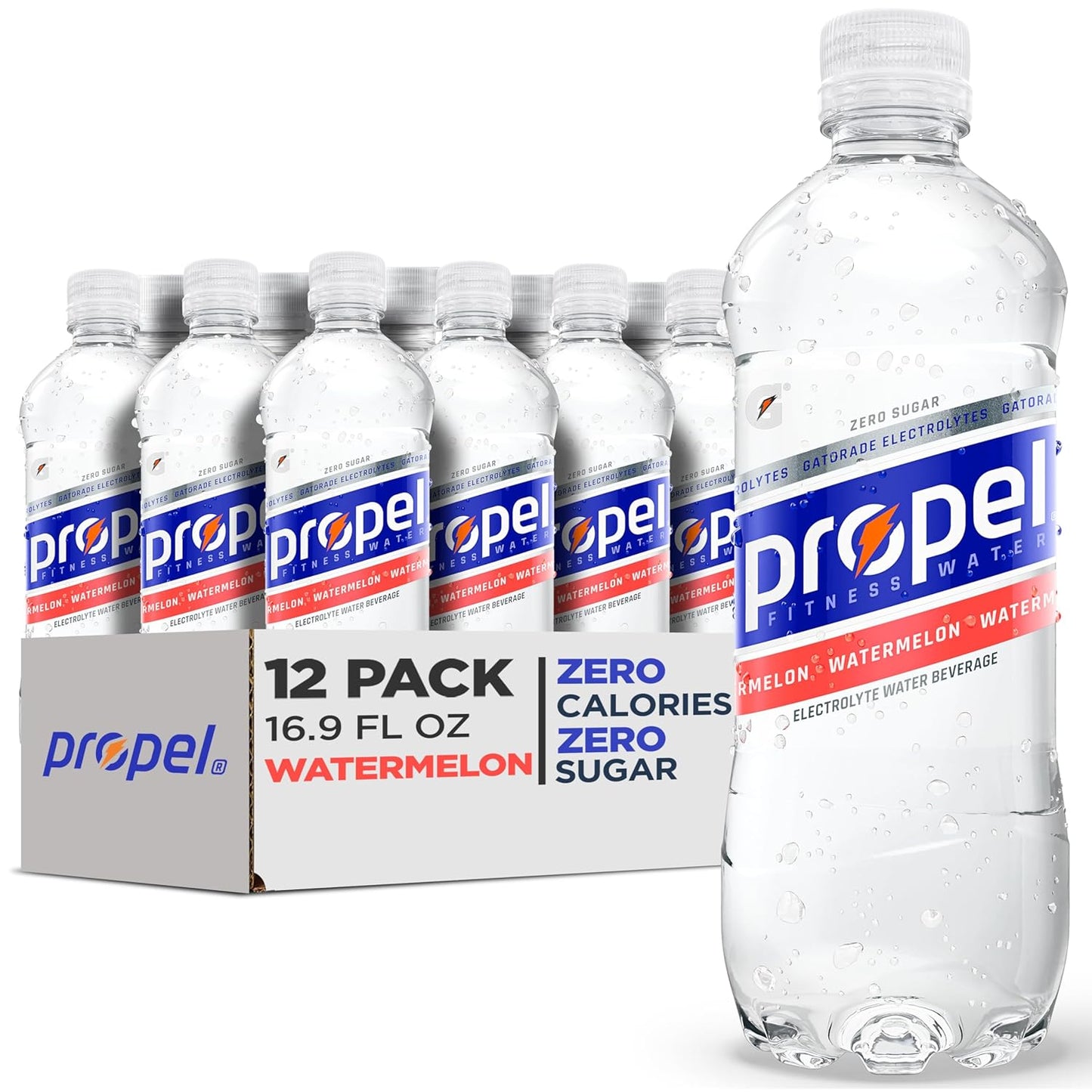 Propel Electrolyte Enhanced Water Sports Drink, Watermelon Flavored Water, Zero Calorie & Zero Sugar Hydration with Electrolytes and Vitamins C & E, 16.9 fl oz Water Bottles (12 Pack)