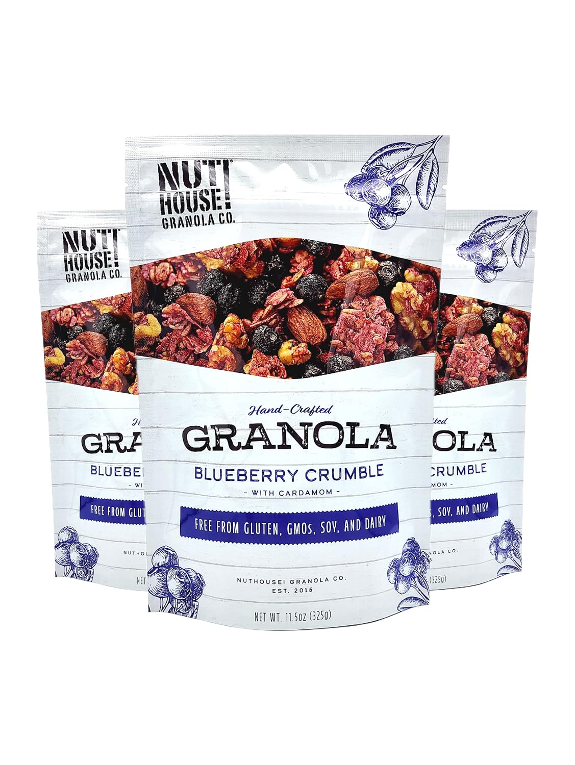 NutHouse! Granola Company - Premium Blueberry Crumble Granola | Certified Gluten-Free, Non-GMO, Kosher | Vegan, Soy-Free | 11.5 oz. Bag (3-Pack)