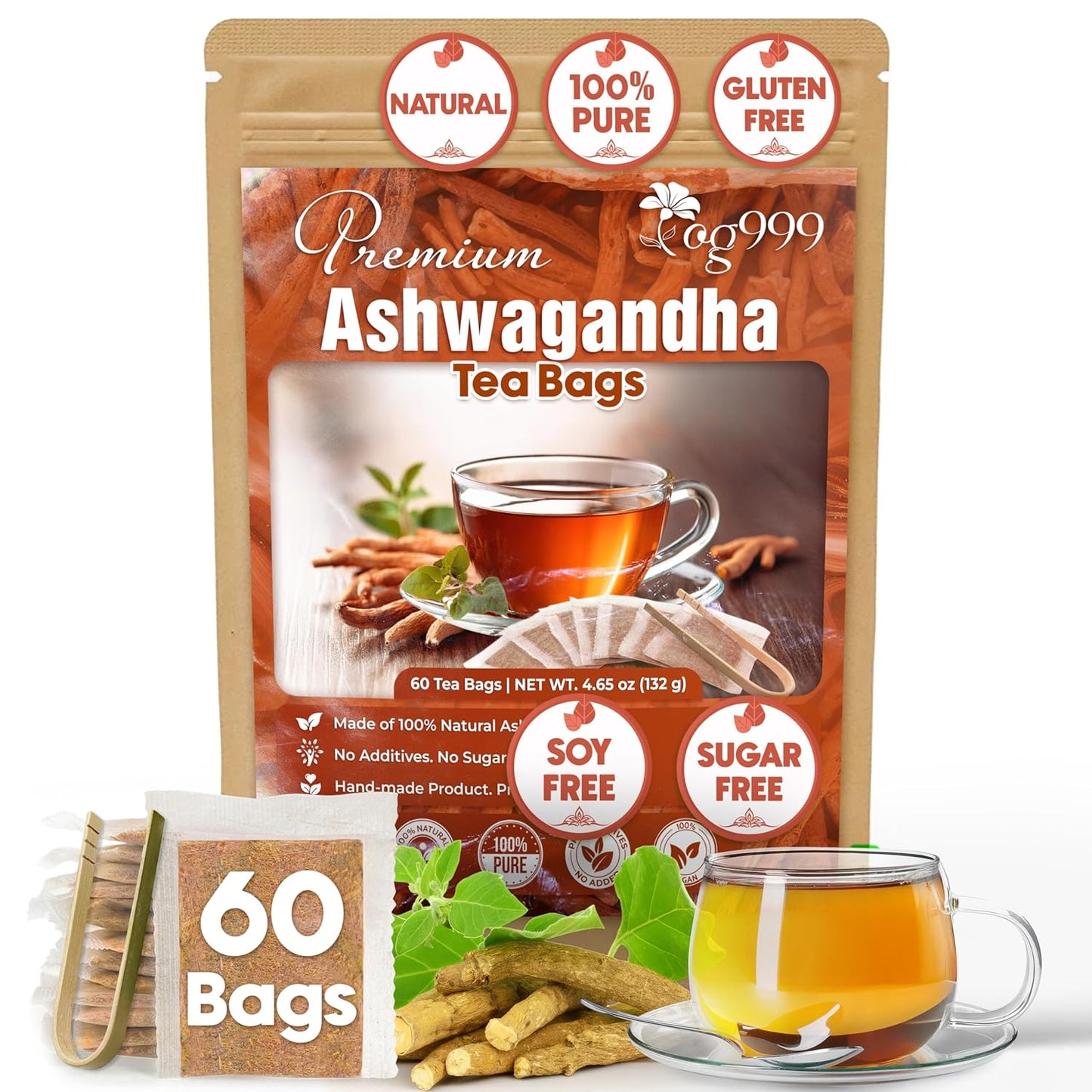 TOG999, Premium 60 Ashwagandha Root Tea Bags, 100% Natural & Pure, Ashwagandha Root Herbal Tea. No Sugar, No Caffeine, No Gluten, Vegan.