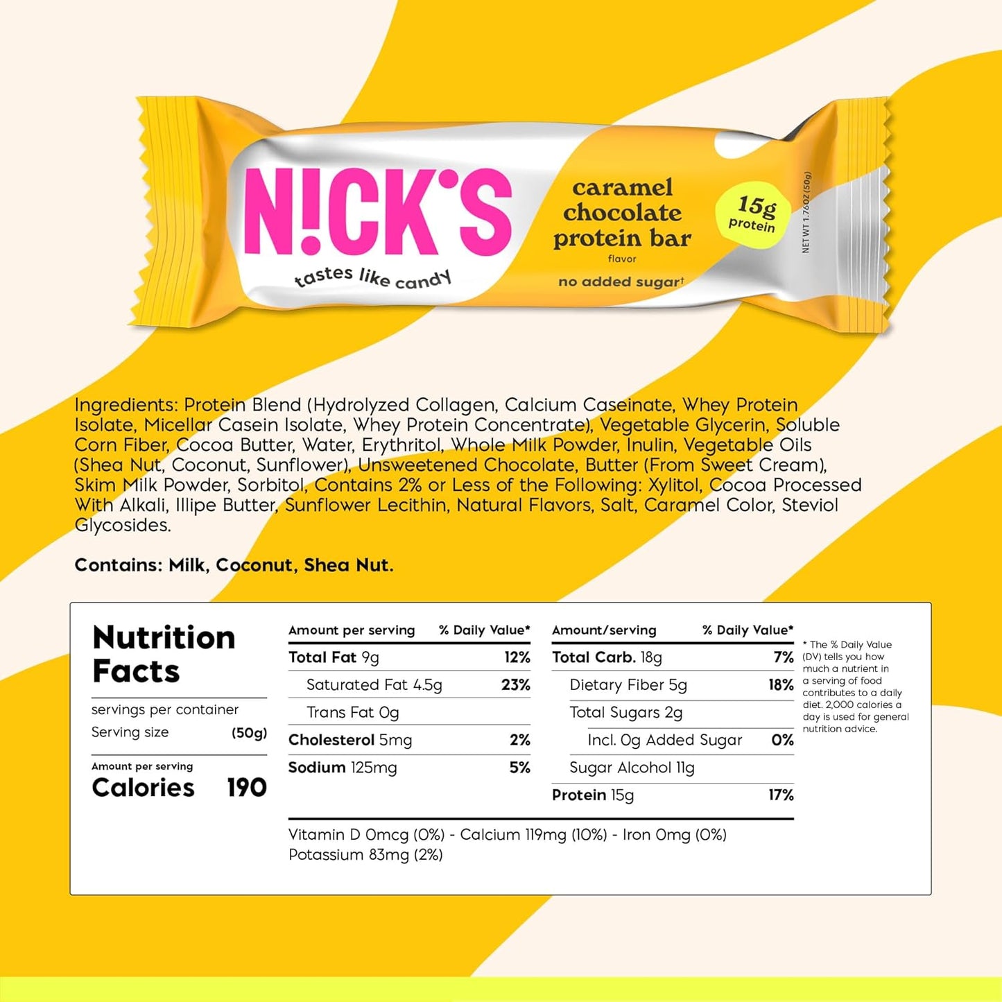 Nick’s Chocolate Caramel Protein Bars – 12-Count Box | High Protein, Low Calories, Low Carbs, Keto Friendly, No Added Sugar