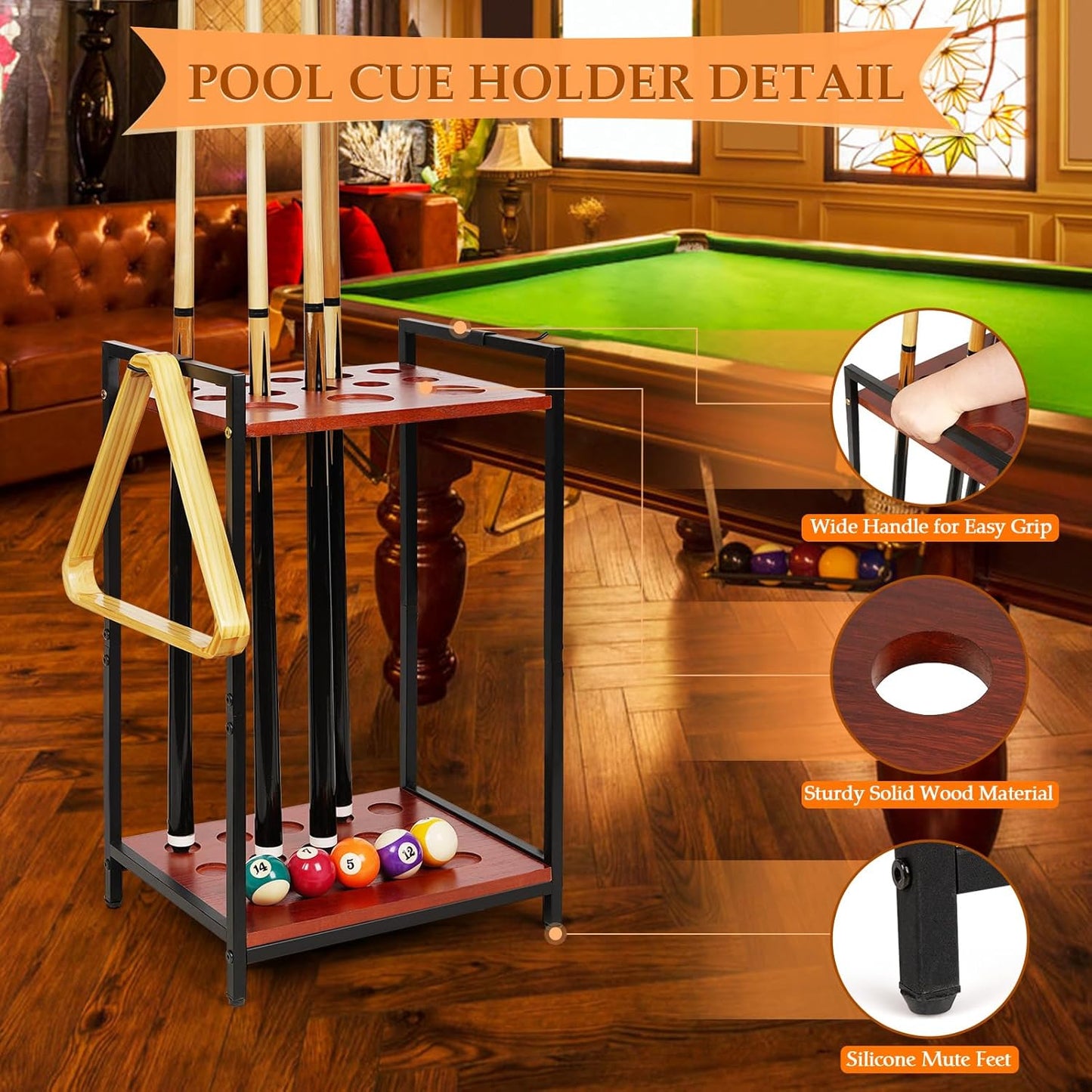 Pool Stick Holder Floor Stand - Multifunctional Billiard Cue Rack Hold 10 Pool Cue, Billiard Balls, Cup, Wood Cue Stick Holder Stand Pool Table Accessories for Game Room Billiard Room Decor Club (Red)