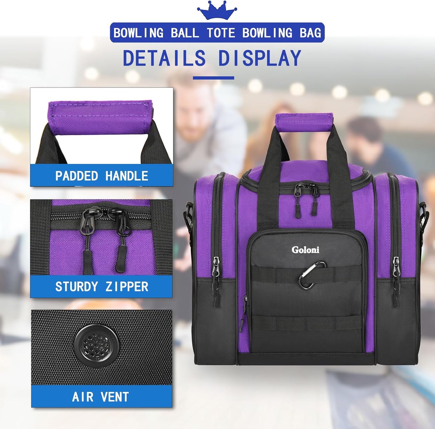 Goloni Bowling Ball Bag for Singer Ball with Padded Ball Holder, 2 Pockets fit Bowling Shoes Up to Mens Size 14 and Accessories