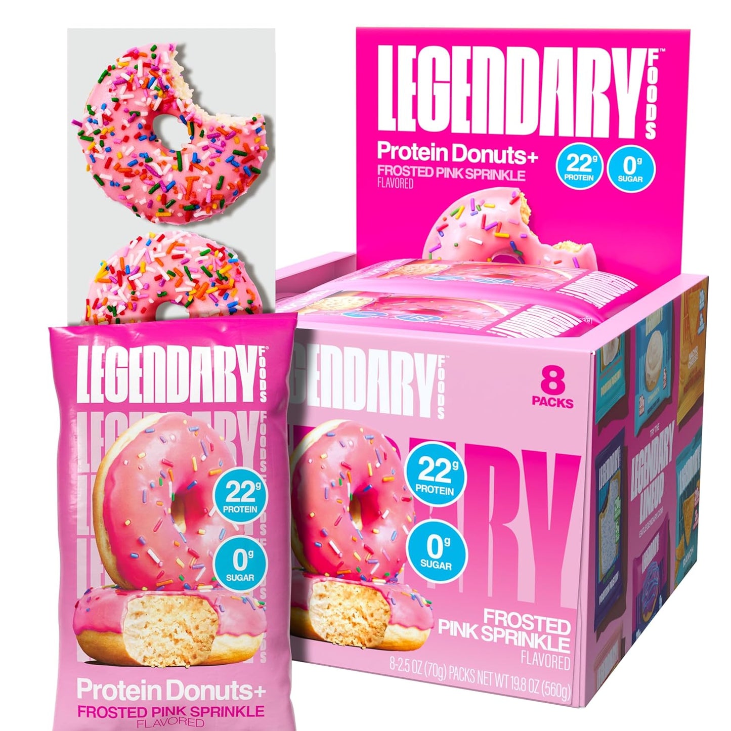 Legendary Foods 22gr Protein Donuts - Frosted Pink Sprinkle 8x (2 Donuts per Pack), High Protein, Zero Sugar, Gluten Free, Low Carb, Keto Friendly Snack, Healthy Donut GLP-1, Diabetic, Bariatric Diets