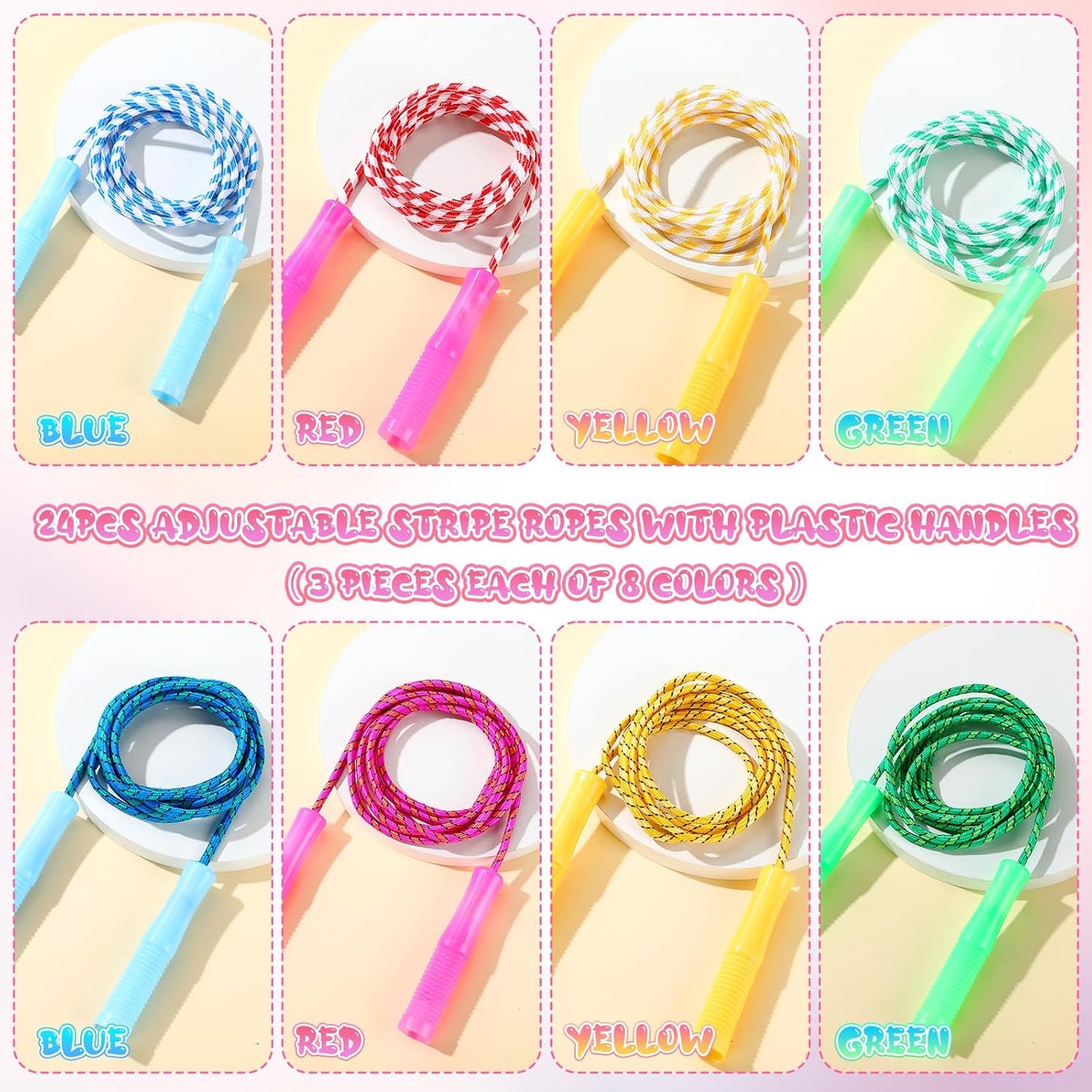 Aoriher 7. 87 ft Back to School Cotton Colorful Jump Rope for Kid Toddler Bulk Adjustable Length Stripe Skipping Rope with Plastic Handle for Outdoor Exercise Fitness Equipment Workout
