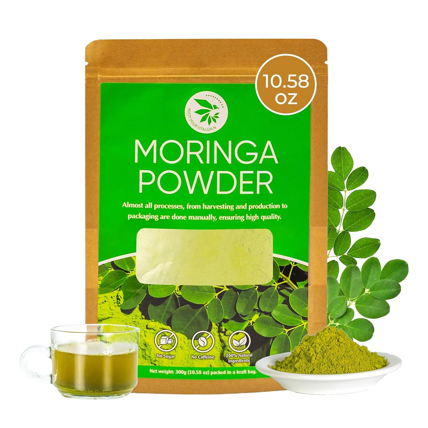 Moringa Leaf Powder - 10.58 oz, 100% Pure & Natural, For Tea, Drinks, Cooking & Skincare, Supports Digestion, Immune, Sleep & Relaxation, Finely Ground, No Sugar, No Caffeine