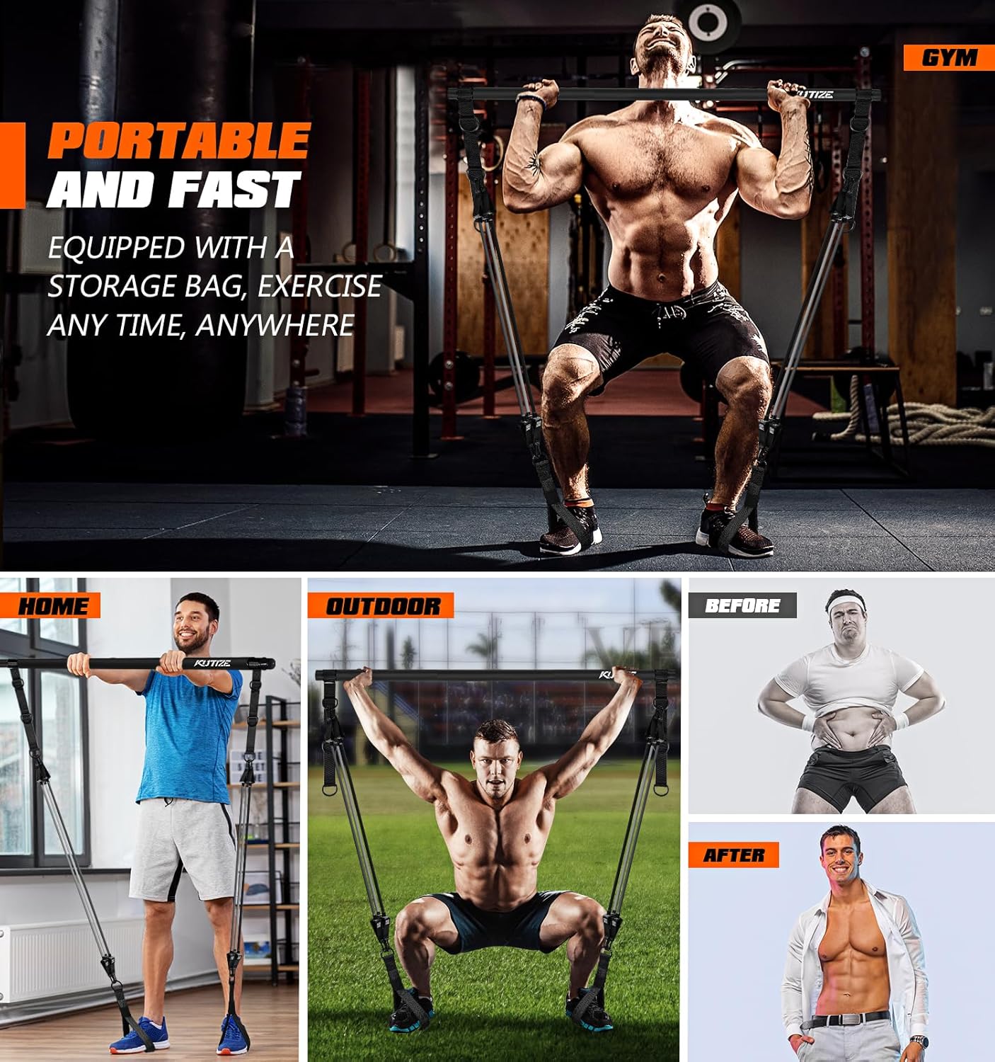 Pilates Bar Kit with Resistance Bands, Heavy Duty Pilates Equipment for Men, Strength Training Bar for Legs, Hip, Back, Arm, Abs, Chest, Shoulders, Portable Home Gym Full Body Workout Equipment