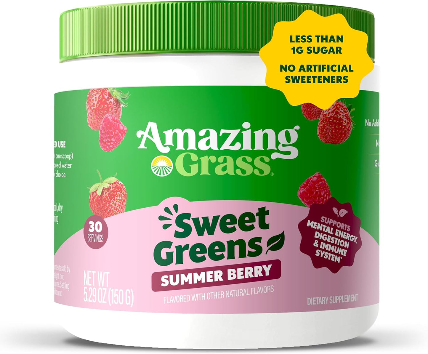 Amazing Grass Sweet Greens and Superfoods Powder for Digestive Health, Greens Powder, Digestive Enzymes, Probiotics, Spirulina, Chlorella, Summer Berry, 30 Servings