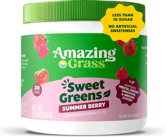 Amazing Grass Sweet Greens and Superfoods Powder for Digestive Health, Greens Powder, Digestive Enzymes, Probiotics, Spirulina, Chlorella, Summer Berry, 30 Servings